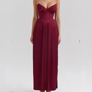 Strapless Pleated Burgundy Evening Gown